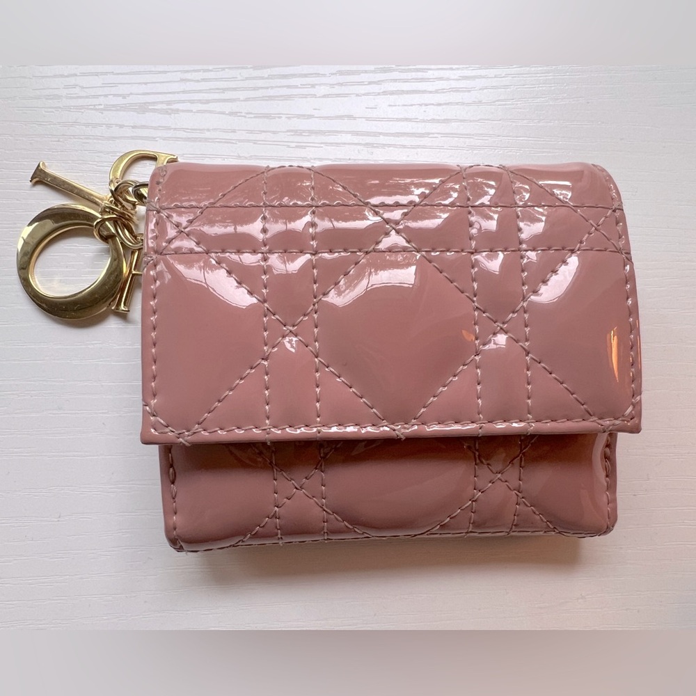 Christian Dior Lotus Wallet Patent Leather Pink w/ detachable Gold Dior key ring